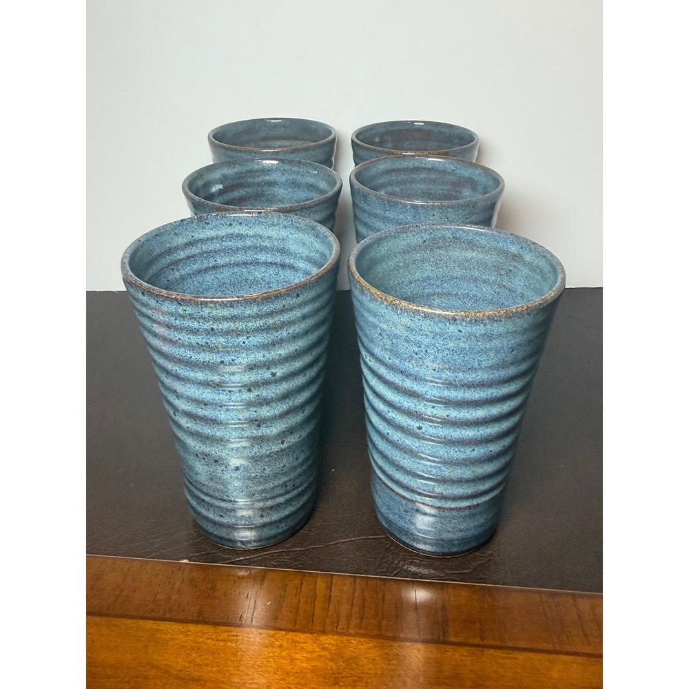 Greg Neal Studio Pottery Denim Blue Ribbed Tumblers Set of 6 Signed Stoneware